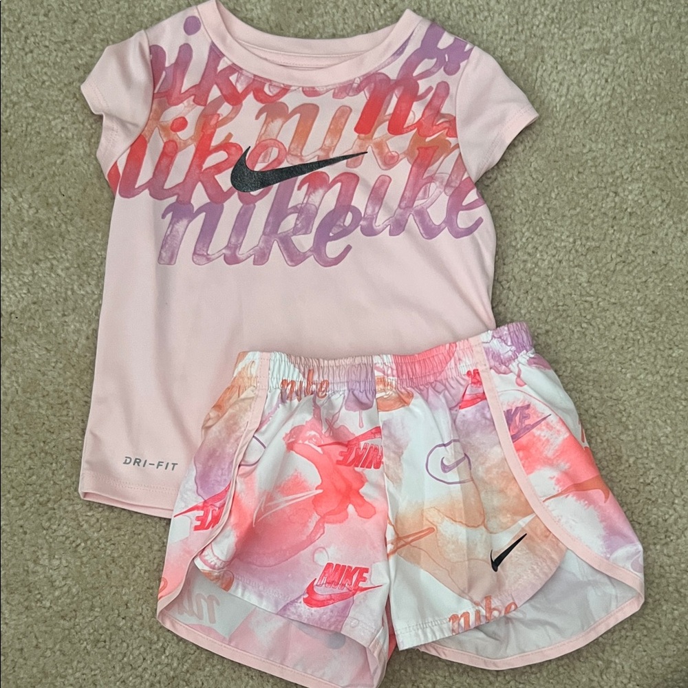 Nike Pink & Coral Girls Dri-FIT Tee and Watercolor Shorts Set